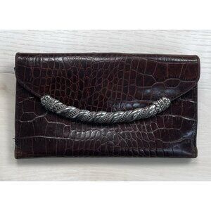 VTG BRIGHTON Brown Envelope Croc Reptile LEATHER WALLET Clutch Checkbook 7"x4"